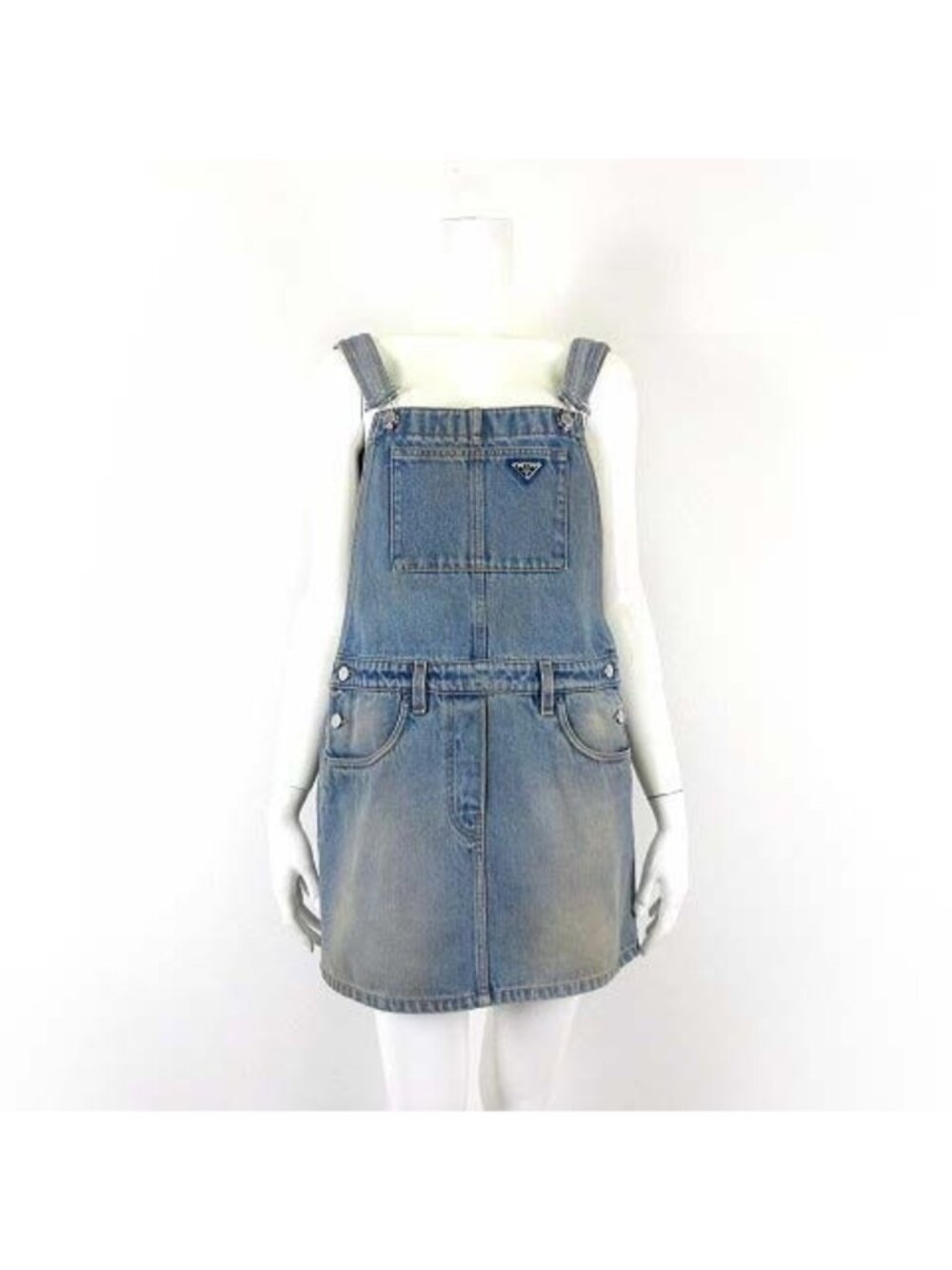 Prada Denim Bib Overalls Mini Dress Triangle Logo M Light Blue 42